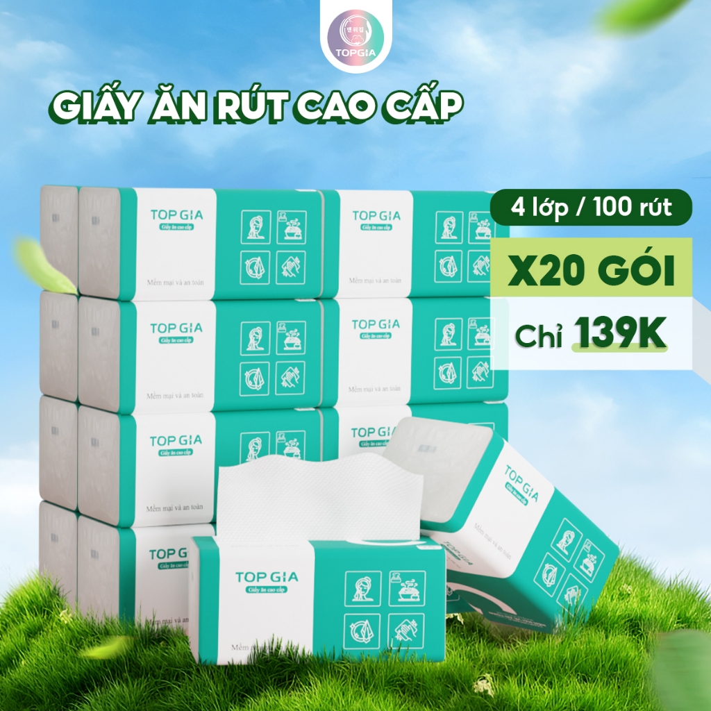 Giấy rút lụa Top Gia 1 gói lớn 4 lớp siêu dai, mua 1 thùng 20 gói giá cực ưu đãi