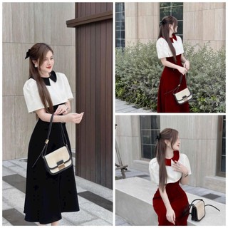 Sét đầm nhung hai dây kèm áo khoác trắng phổi cổ thiết kế trẻ trung tinh tế thích hợp đi tiệc lễ tết