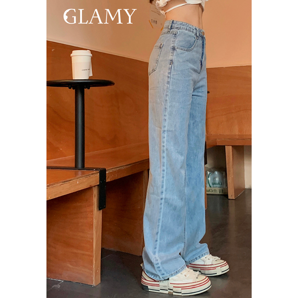 Quần bò nữ GLAMY quần jeans ống rộng lưng cao, vải bò dày đẹp , không giãn ,dáng suông QJ11