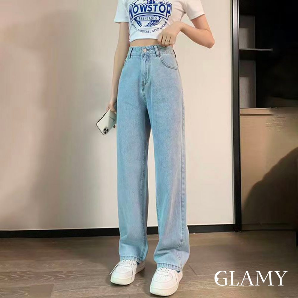 Quần bò nữ GLAMY quần jeans ống rộng lưng cao, vải bò dày đẹp , không giãn ,dáng suông QJ11