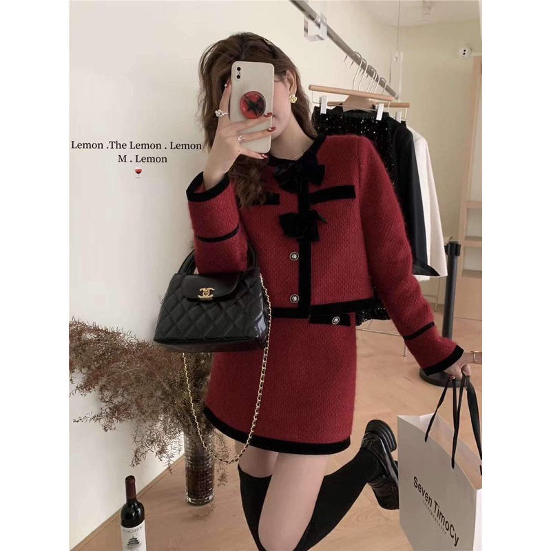 SET DẠ PHỦ NHUNG VIỀN ĐEN KÈM NƠ TIỂU THƯ 2411