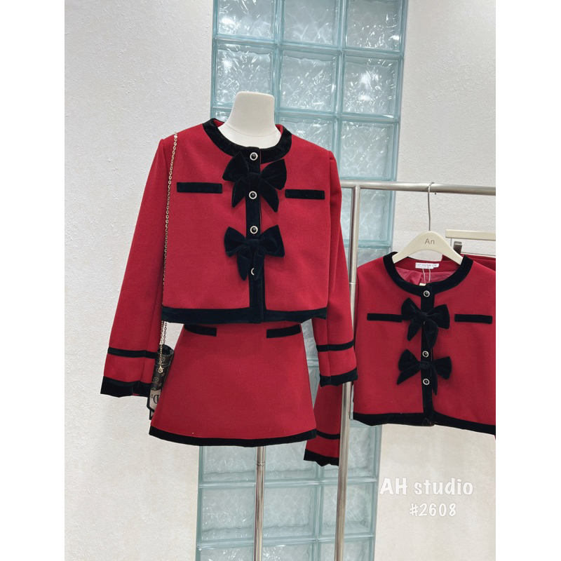 SET DẠ PHỦ NHUNG VIỀN ĐEN KÈM NƠ TIỂU THƯ 2411