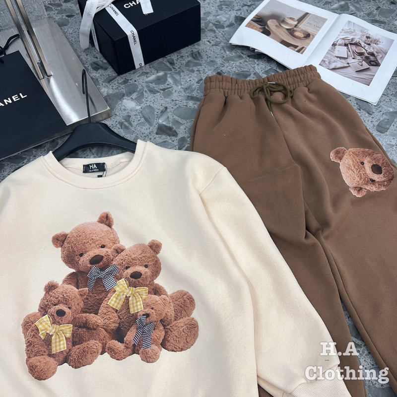 Sét áo nỉ gấu gia đình + quần dài nâu tây
