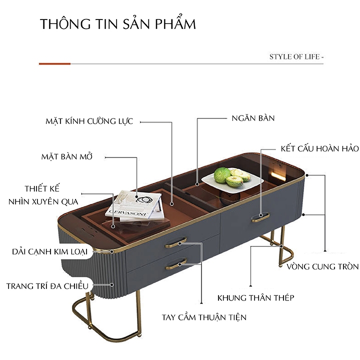Bàn Trà Sofa, Bàn Trà Mặt Kính Cường Lực Hiện Đại Có Ngăn Dành Cho Phòng Khách, Cafe - M113