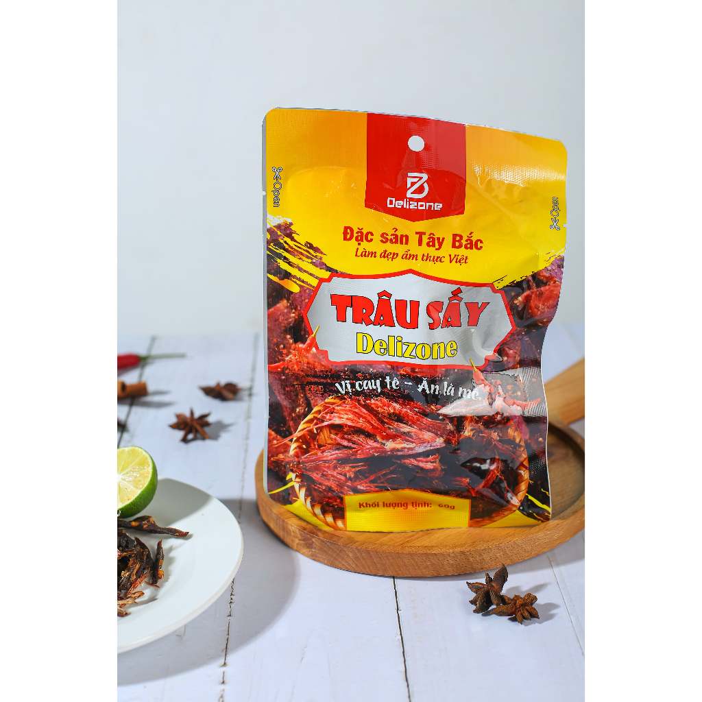 Trâu sấy vị cay tê Delizone - thịt trâu sấy nguyên miếng tẩm 60g gia vị tê cay, đảm bảo ATTP