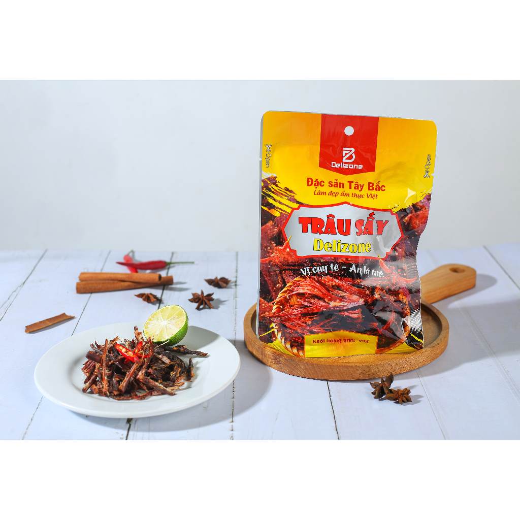 Trâu sấy vị cay tê Delizone - thịt trâu sấy nguyên miếng tẩm 60g gia vị tê cay, đảm bảo ATTP