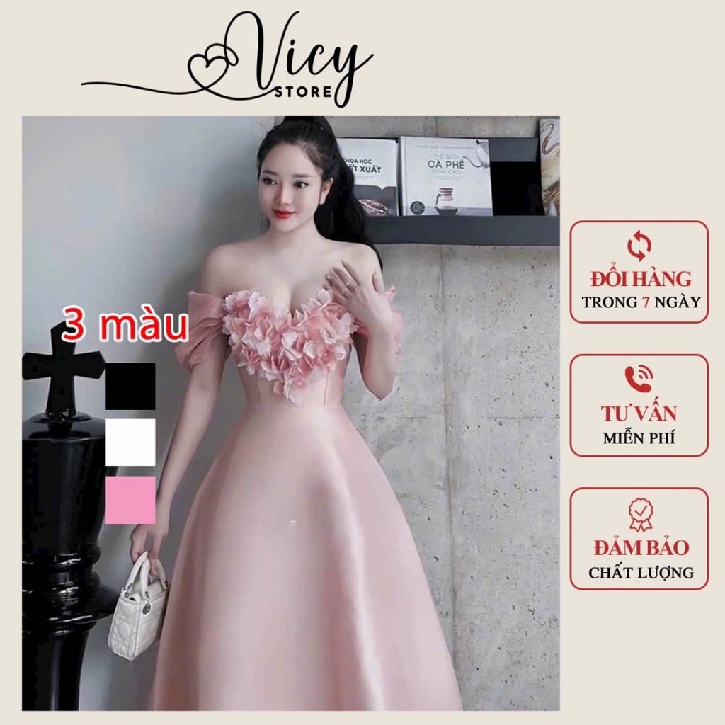 Đầm dự tiệc trễ vai đính bèo hoa bánh bèo dáng dài, đầm tafta thiết kế thanh lịch đi tiệc đi chơi VICY BETRATIM01
