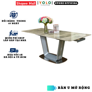 Bàn Ăn Mặt Đá Mở Rộng Thông Minh YoLo Chân U Mạ Titan. Nhập Khẩu Cao Cấp Hiện Đại, Phù Hợp Căn Hộ Chung Cư Gia Đình
