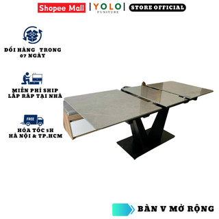 Bàn Ăn Cơm Gia Đình Mở Rộng Chân V YoLo, Sắt Sơn Tĩnh Điện, Mặt Đá Ceramic Bóng, Nhập Khẩu Nguyên Chiếc (Chưa bao ghế)