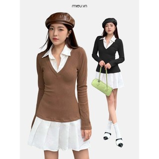 Đầm nữ dài tay tiểu thư phối cổ sơ mi chân váy xếp li trắng MIEU - KN04