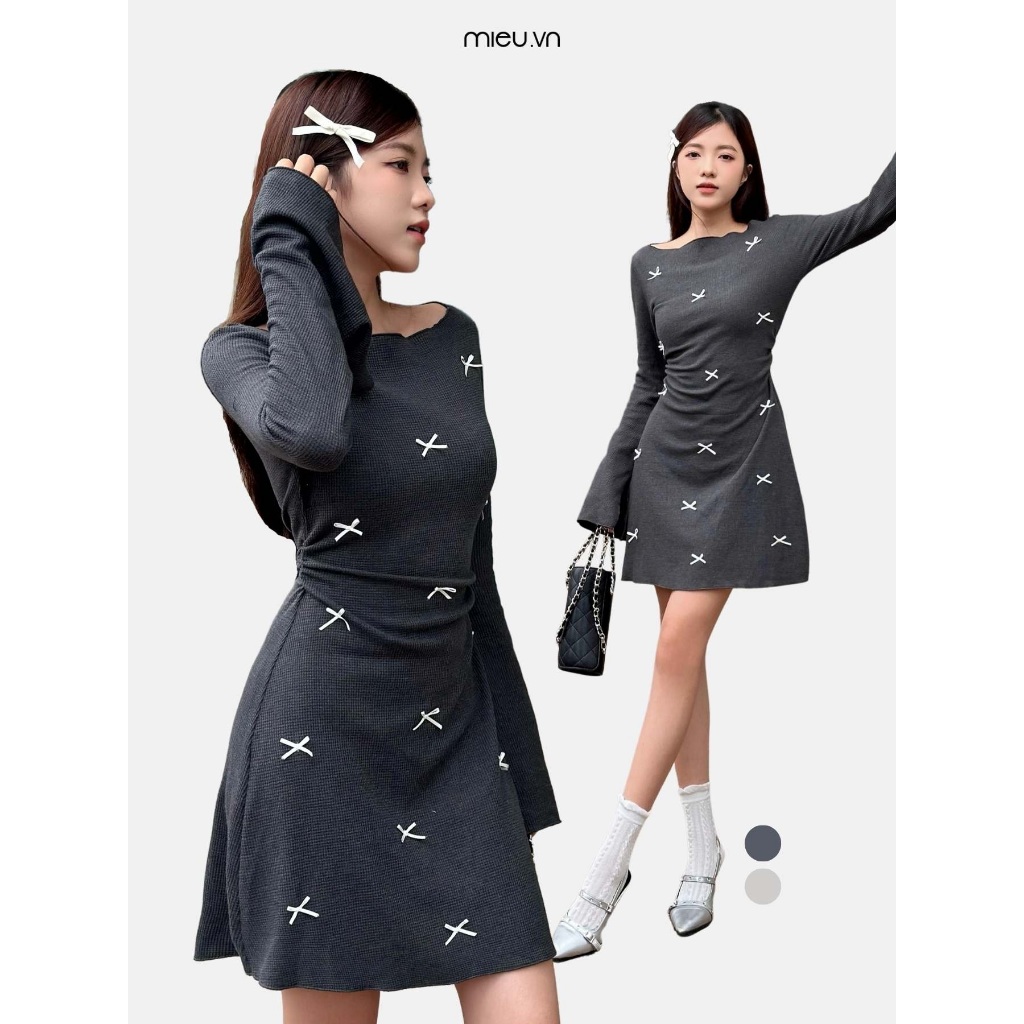 Đầm thun nữ tay loe chất thun tổ ong đính nơ trendy MIEU - KN03