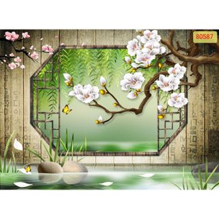  TOP Tranh Lụa giả cửa sổ triện tròn dán tường  Keo tặng kèm  