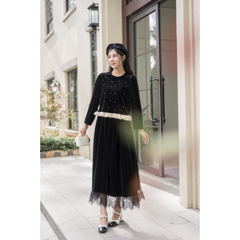 PETBYCHANG - Áo nhung đính ngọc và chân váy midi phối ren ( có bán tách set )