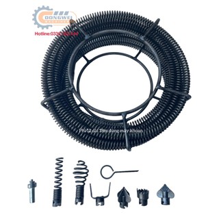 Dây thông tắc cống, dài từ 3,6,9,12m phi 12mm bồn cầu, bồn rửa dùng cho máy khoan + 8 phụ kiện