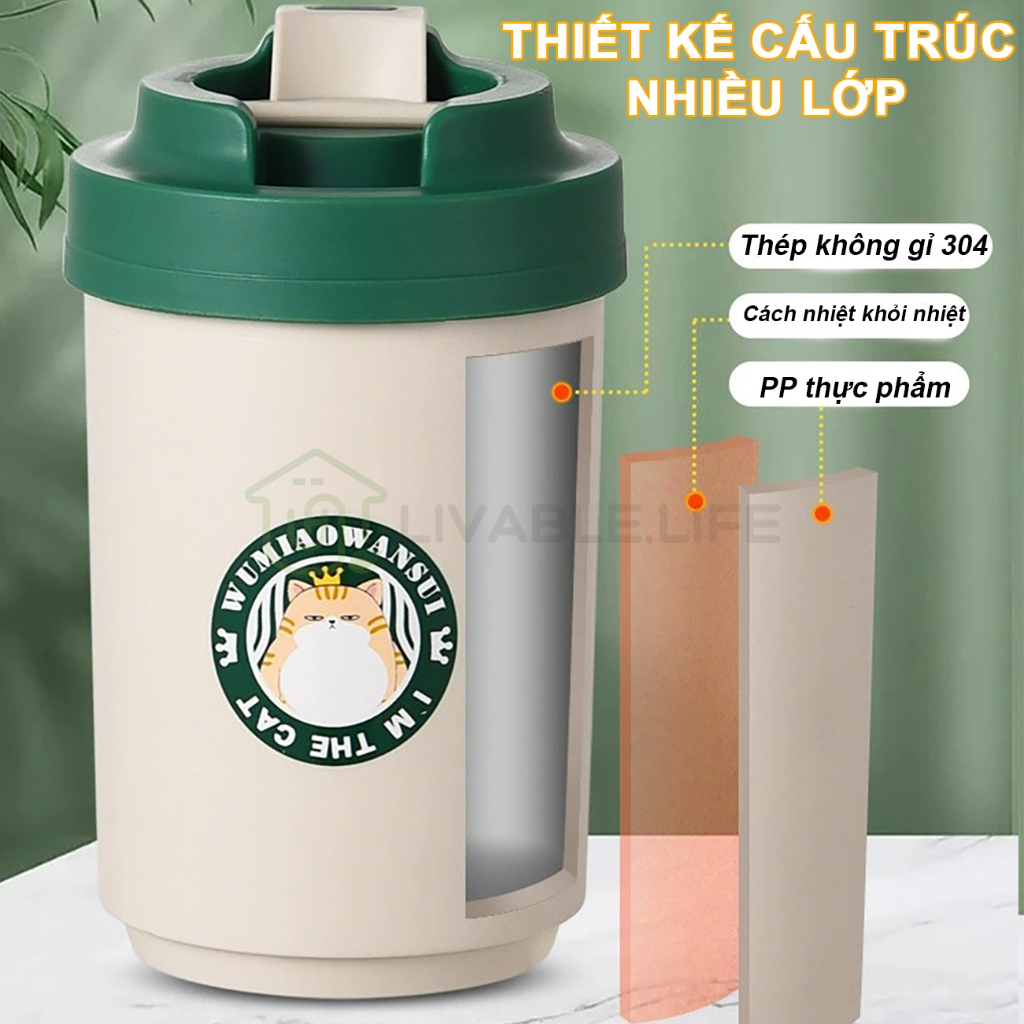 Cốc cách nhiệt inox Cốc Giữ Nhiệt 380ML 480ML Mèo Đáng Yêu bình ly nước cách nhiệt mini Inox 304 dung