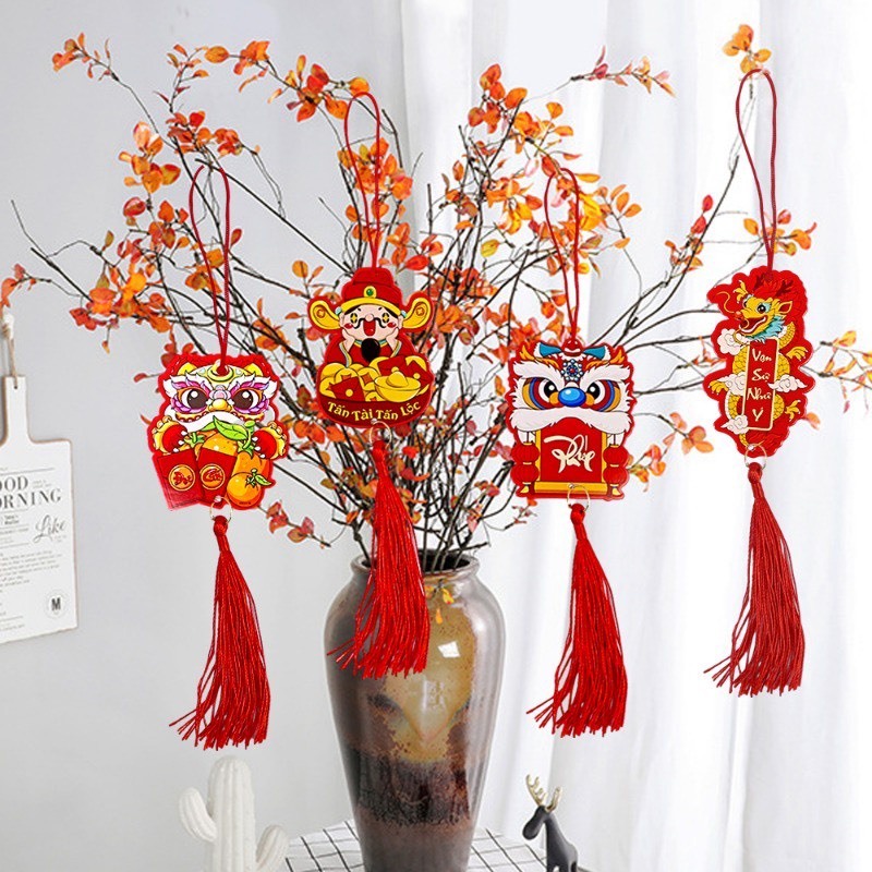 Set 6 Dây Tag Treo Cây Hình Rồng Thần Tài Trang Trí Năm Mới Tết Giáp Thìn 2024 Kèm Dây Tua Rua