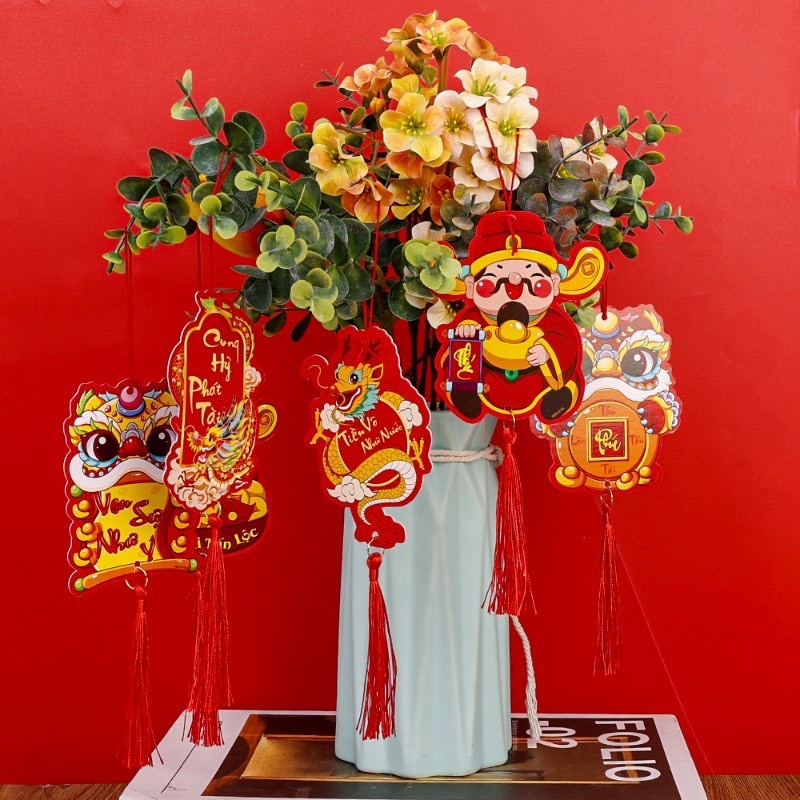 Set 6 Dây Tag Treo Cây Hình Rồng Thần Tài Trang Trí Năm Mới Tết Giáp Thìn 2024 Kèm Dây Tua Rua