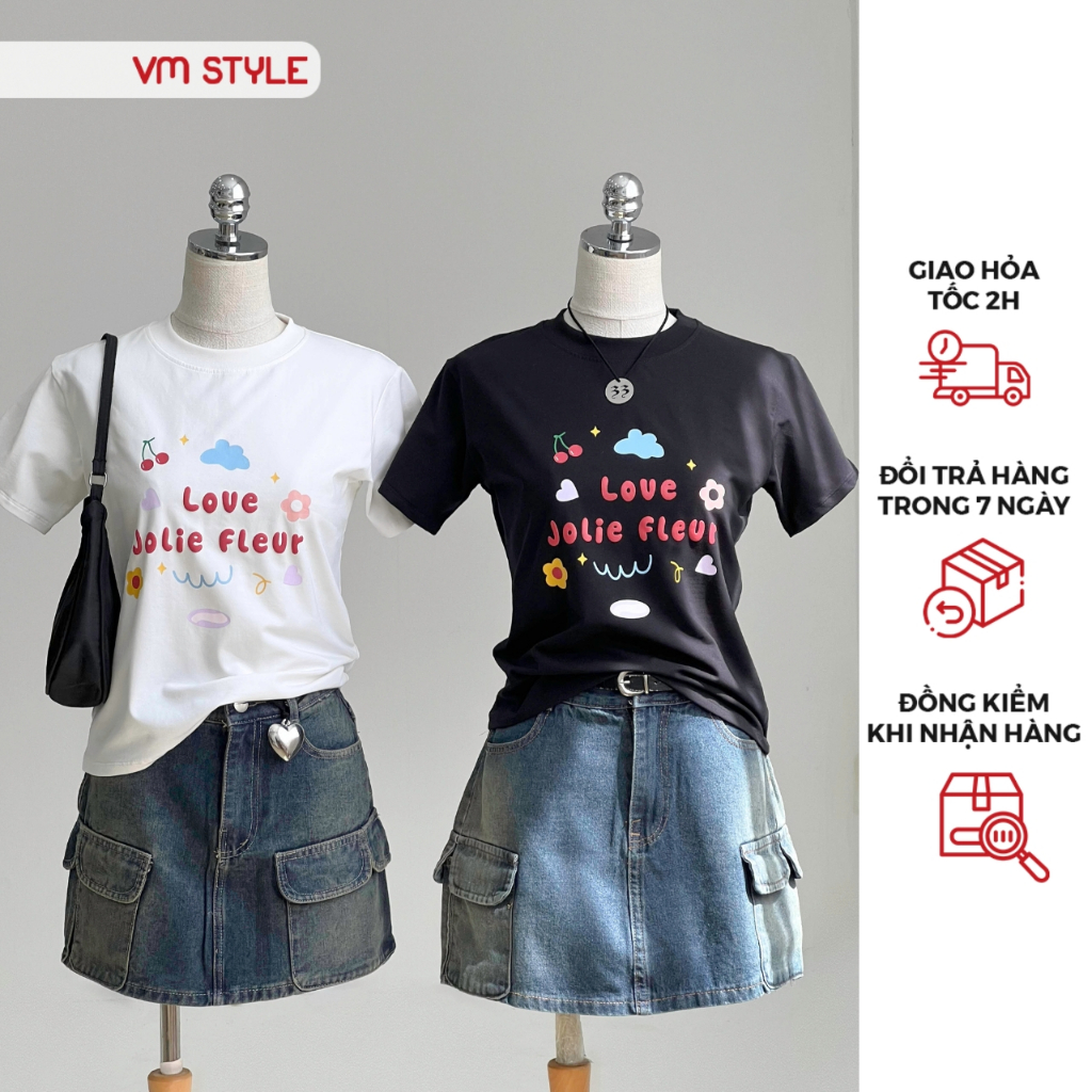 Áo thun babytee nữ VMSTYLE tay ngắn cổ tròn in chữ JOLIE FLEUR và họa tiết dễ thương đi học, đi chơi 37246 - ATU00638