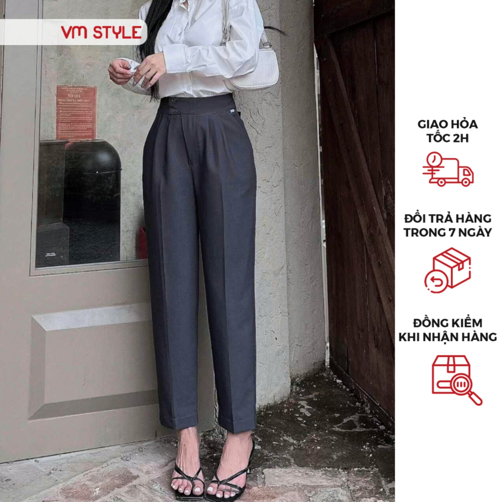 Quần tây baggy nữ VMSTYLE trơn chít ly lưng cao 2 nút basic, thanh lịch, công sở đi làm, đi học VM100 - QTB00029