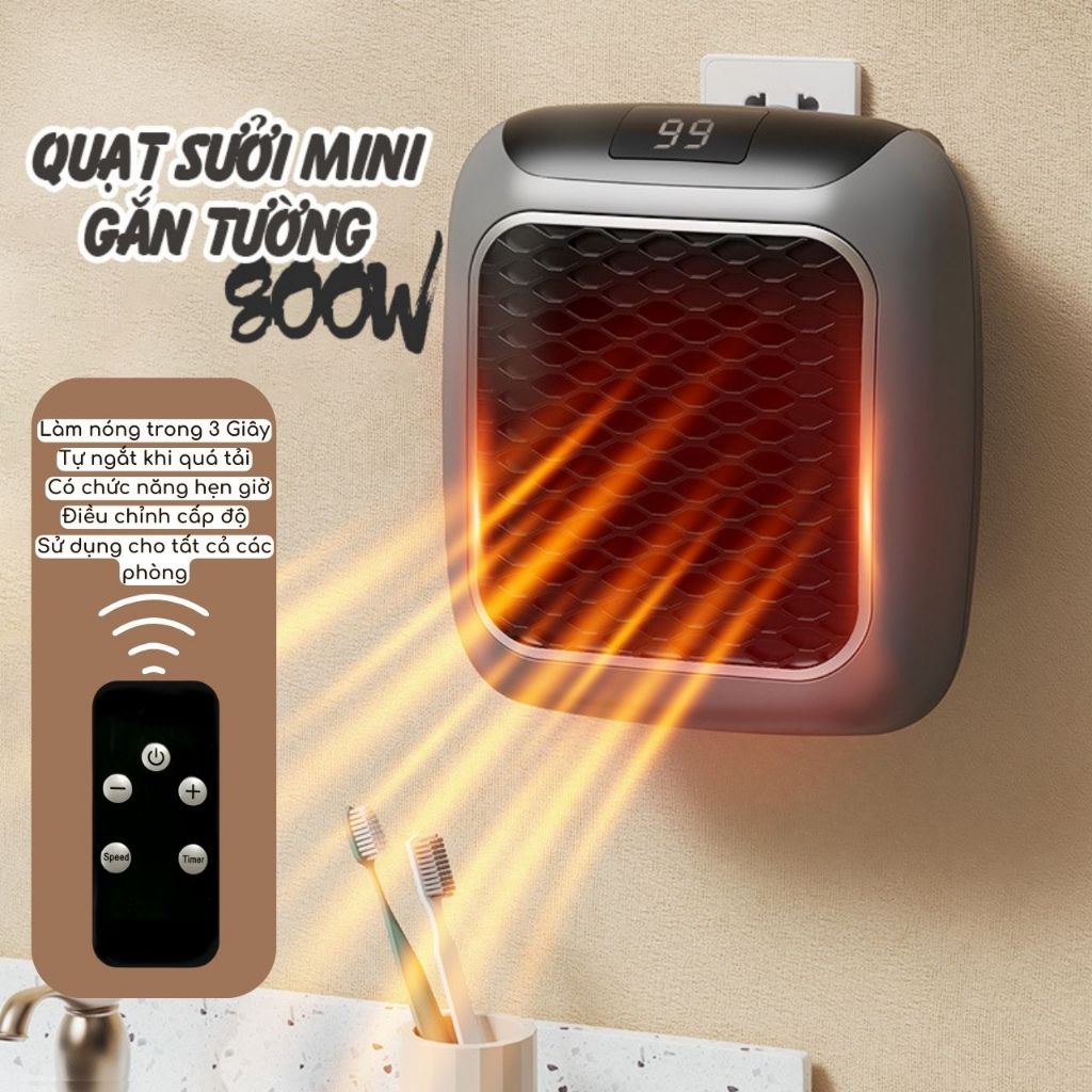 Máy sưởi Mini Quạt sưởi treo tường 800W tiết kiệm năng lượng tiện lợi cho gia đình, văn phòng Có thể điều chỉnh nhiệt độ