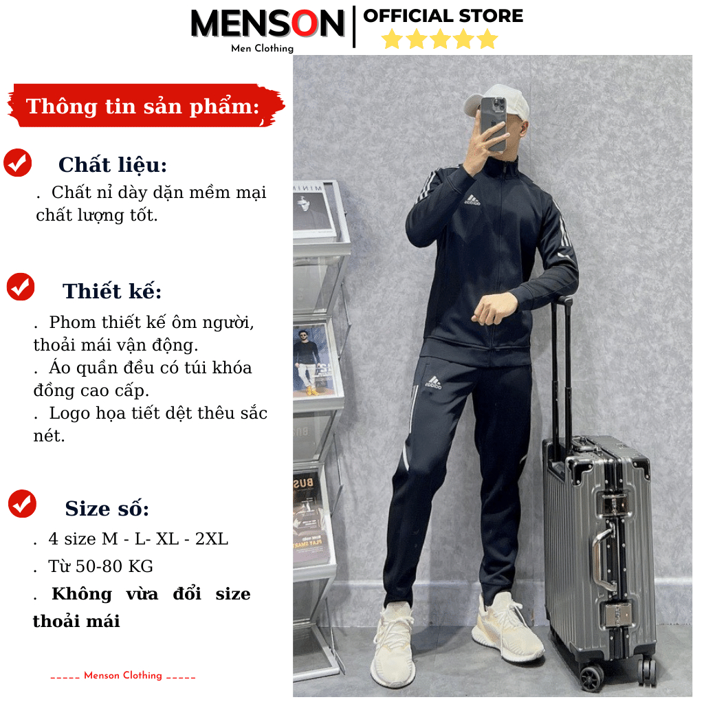 Bộ thể thao nam thu đông kéo khoá Adidas cao cấp dài tay Menson MD8446 Bộ đồ nam mùa đông dày dặn 2023 Hàng Hiệu