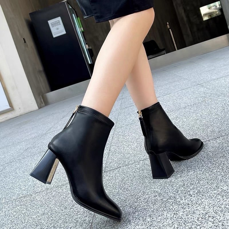 Giày Boot Nữ Cổ Thấp Gót Vuông 7P HADU GB06 Da PU Cao Cấp, Lót Nỉ Êm Mềm Ấm Áp Bảo Hành 12T