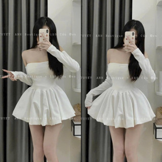 Set đầm bí trễ vai kèm quần Bộ 2 món váy trễ vai tay dài bí kèm quần- Baobei Boutique