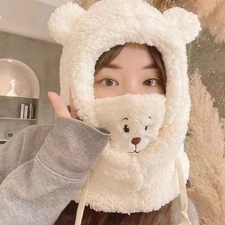 Mũ len lông cừu trùm đầu kèm khẩu trang, nón lông cừu hai tai gấu siêu cute