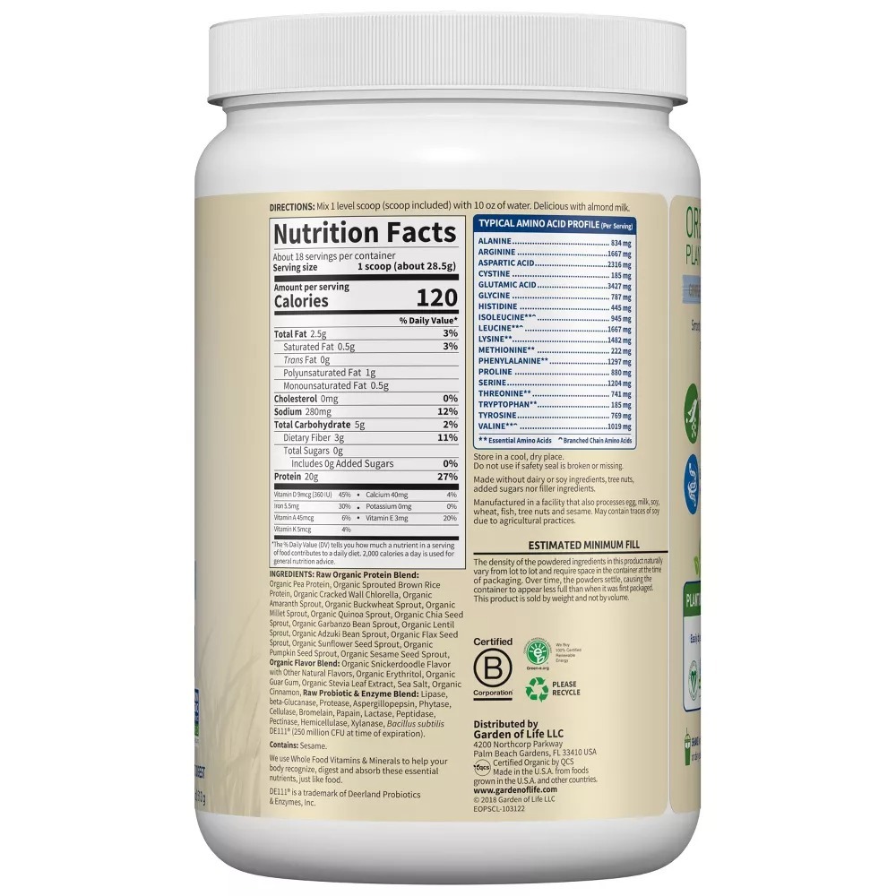Hỗn hợp bột dinh dưỡng Garden of Life Organic Protein, vị Snickerdoodle Cookie 513gr