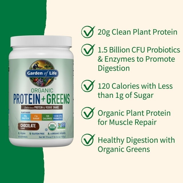 Hỗn hợp bột dinh dưỡng Garden of Life Organic Protein & Greens Protein Powder, vị Chocolate 550gr