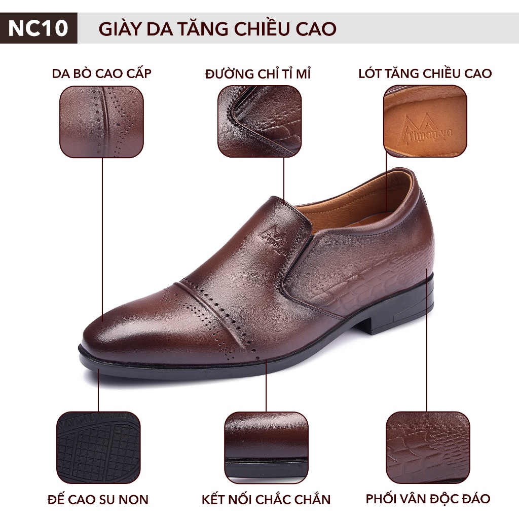 Giày tây da nam kiểu lười chất liệu da bò tăng chiều cao công sở đẹp mọi trung niên cao cấp bảo hành 5 năm NC10 TIMAN