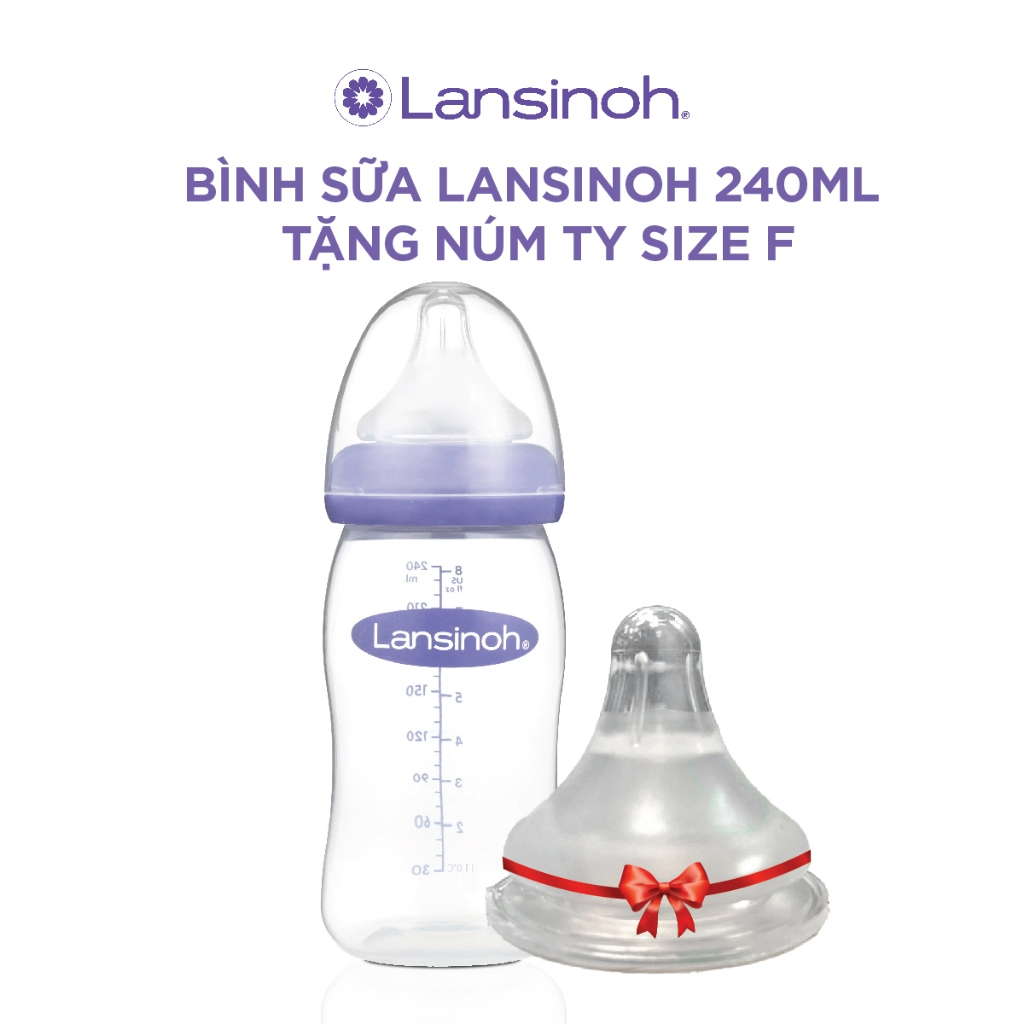 Bộ Đôi Bình Sữa Cổ Rộng Lansinoh Dung Tích 240ml + Núm Ty Size F