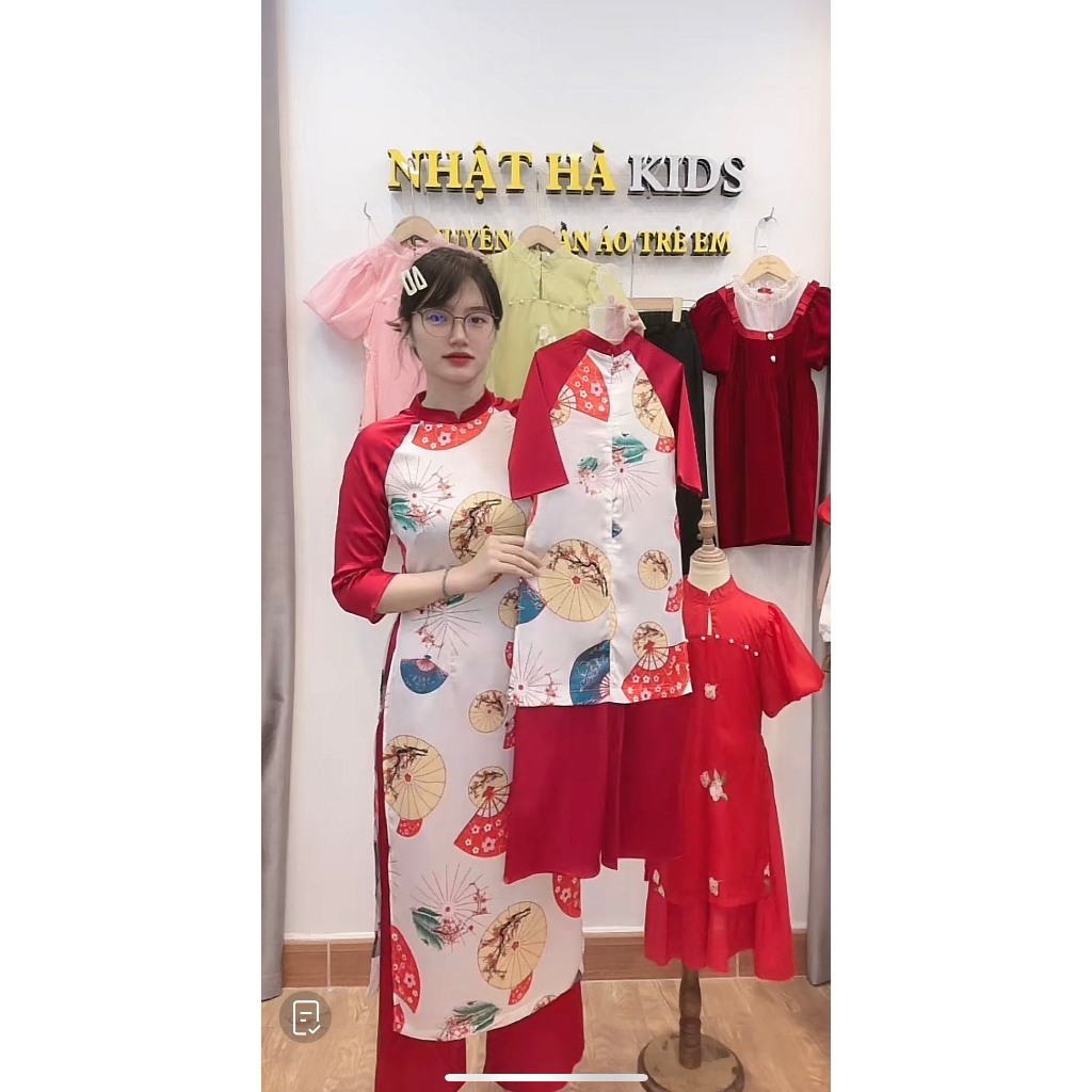 Áo dài Tết cách tân cho mẹ và bé gái AD4 họa tiết hình quạt dễ thương size đại từ 11- 60kg