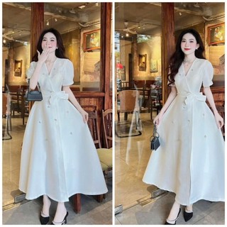 Váy đầm nữ dự tiệc dáng xòe màu trắng cổ V đính nơ và hạt cườm cực sang chảnh