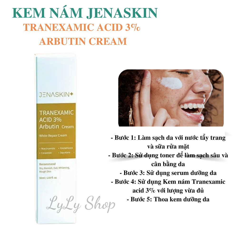Kem dưỡng trắng, mờ nám Jenaskin Tranexamic Acid 3%, tái tạo phục hồi da mờ nám, tàn nhang, lylyshop-50ml