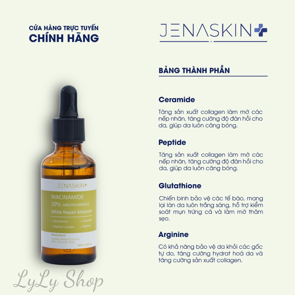 Serum dưỡng trắng da Jenaskin niacinamide 20% arbutin, tinh chất dưỡng trắng, mờ nám, kiềm dầu, dưỡng ẩm lylyshop-50ml
