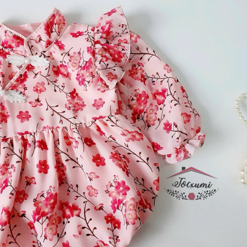 Bộ liền thân hoa đào đỏ chất voan Pháp cao cấp xinh mê ly - Tocxumi