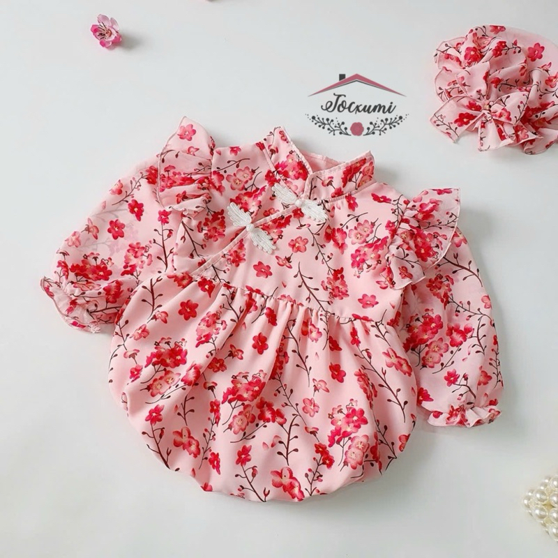 Bộ liền thân hoa đào đỏ chất voan Pháp cao cấp xinh mê ly - Tocxumi