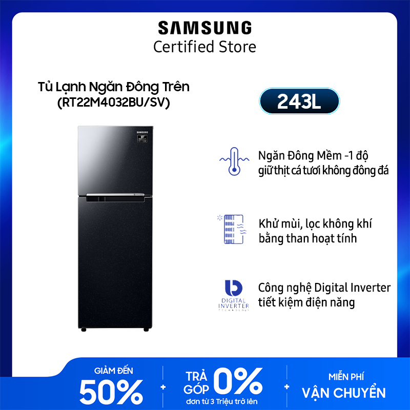 Tủ lạnh Samsung Inverter 236 lít RT22M4032BU/SV - Miễn phí giao + lắp Toàn Quốc