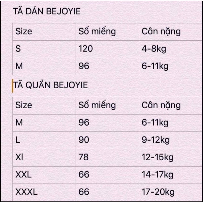 Bỉm Bejoyle dán/quần nội địa trung đủ size S120/M96/L90/XL78/XXL66 Siêu Mỏng, Siêu Thấm Hút