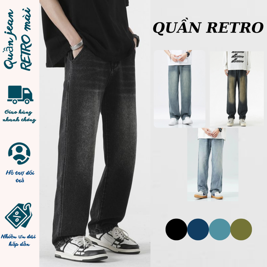 Quần jean nam dáng suông Ống Rộng Nam Nữ BAGGY RETRO WASH 3 màu XANH ĐEN Cạp cao MIAA,Quần bò nam baggy màu mài Hiện đại