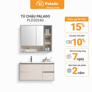Bộ tủ chậu lavabo phòng tắm PALADO PLD2024G màu trắng ngà chất liệu tủ nhựa PVC cao cấp gương đèn LED kt 1000mm P12