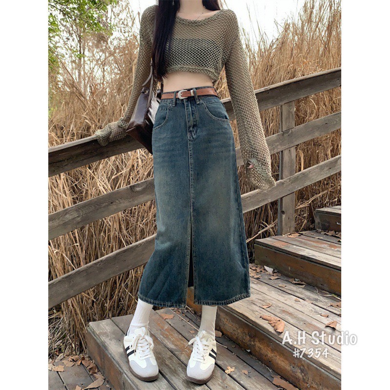 Chân váy Jean dáng dài xẻ trước 8682 - Retrostyle