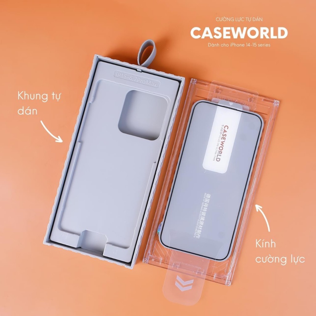 CASEWORLD Ultrathin Glass 0.15mm  - Kính cường lực siêu mỏng kèm khung dán cho IPhone 15 Pro Max , 14 Plus , tràn viền t