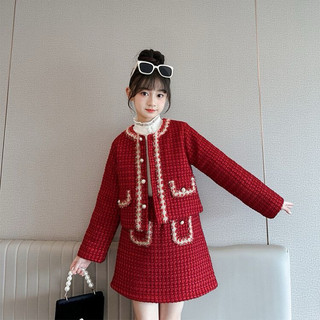 Sét áo dạ tweed và chân váy đỏ thời trang nữ hàng thời trang QCCC 2tuổi-13tuổi