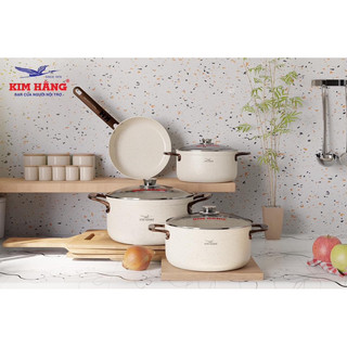 BỘ 4 nồi nhôm+ chảo KIM HẰNG ceramic chống dính sài được bếp từ nắp kính cường lực