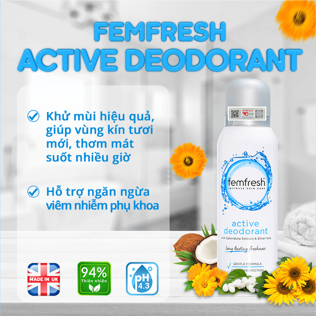Xịt Thơm Mát, Khử Mùi Vùng Kín Chưa Ion Bạc Lưu Hương Suốt 12h Femfresh Deodorant Active 125ml