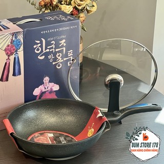 Chảo đá coopia hàn quốc size 32cm có nắp kính, bộ chảo sâu lòng chống dính chất liệu vân đá siêu bền - chảo hàn quốc