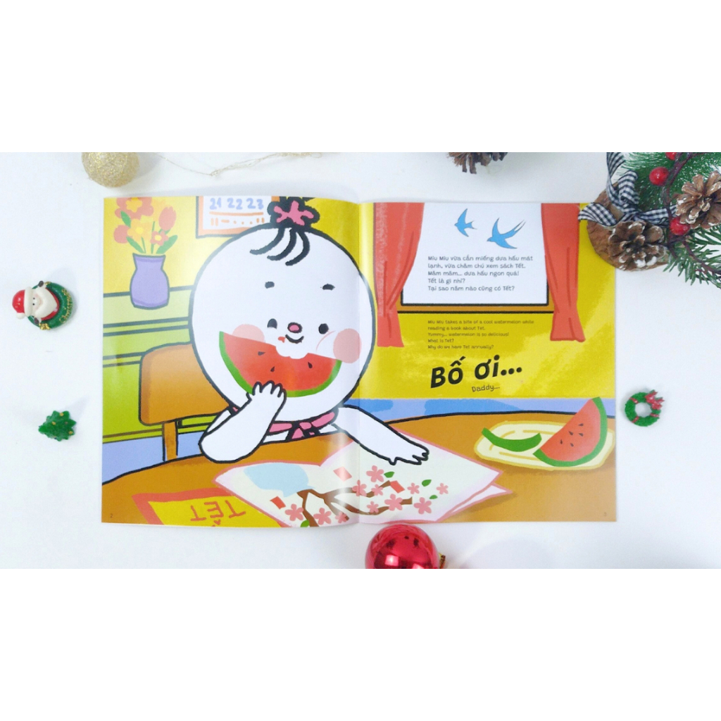 Sách - Ehon Kĩ Năng Sống - Miu Bé Nhỏ Đón Giáng Sinh Và Tết - Song ngữ Anh - Việt