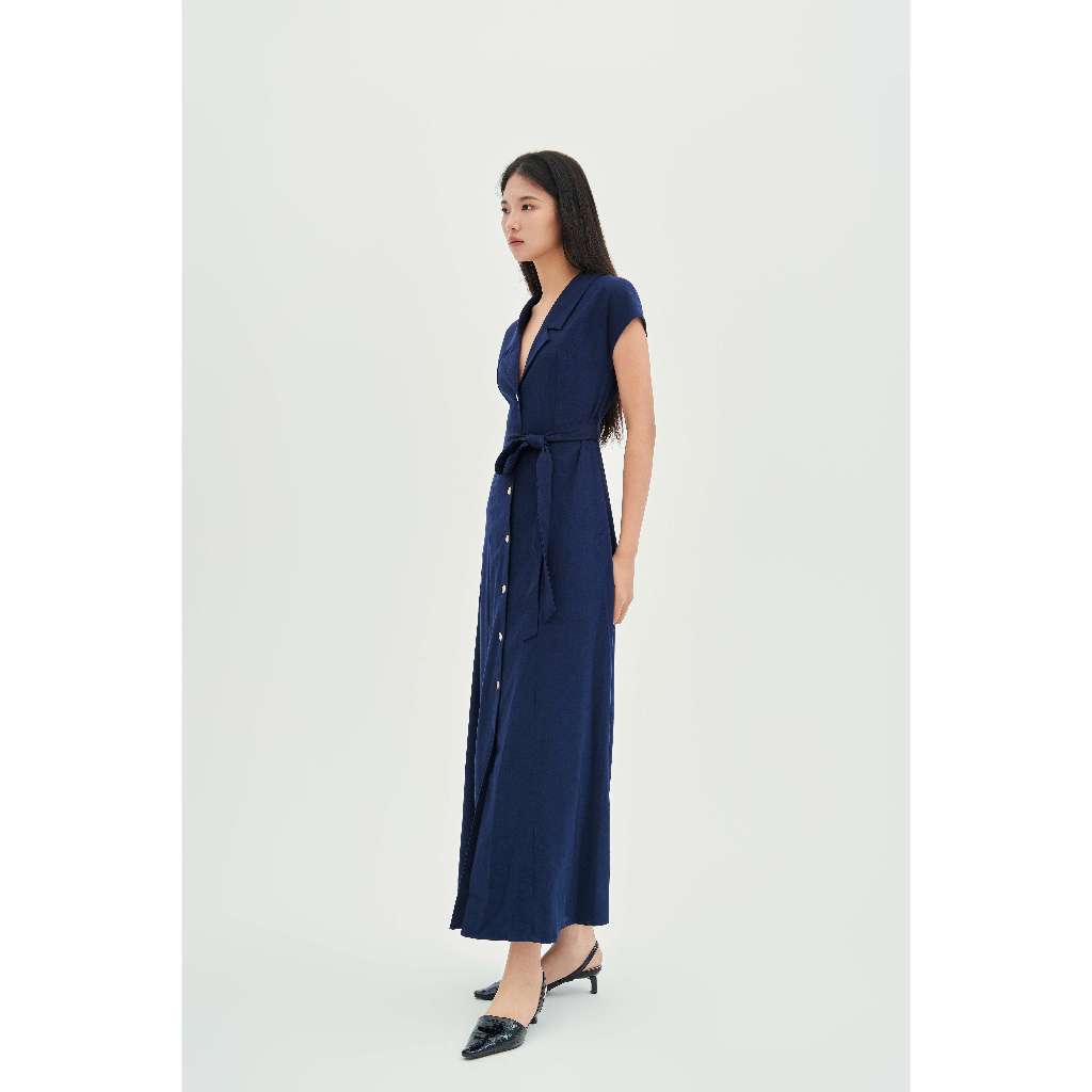 Váy midi cổ sơ mi MONO TALK vải linen dày dặn kèm dây lưng (nhiều màu) O10008TK